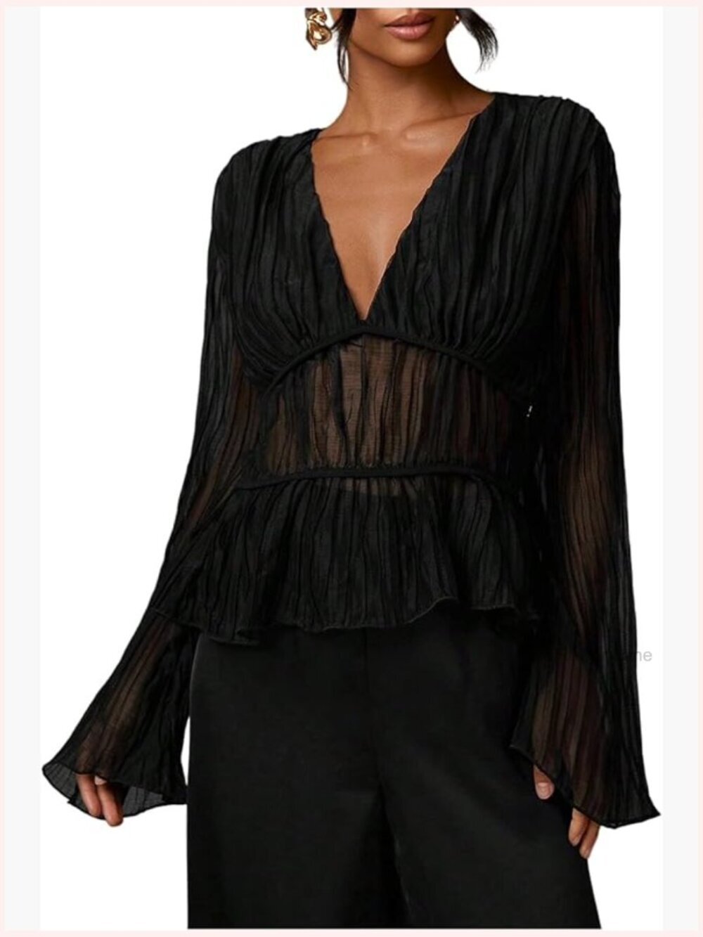 Women's Mesh Long Sleeve Blouse Deep V Neck Ruffle Hem Peplum Top